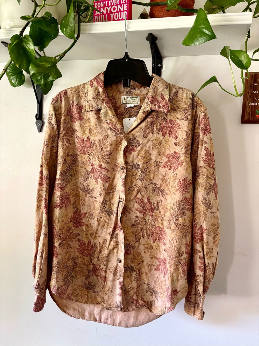 L.L. Bean Beige Button-Down Shirt with Rust Floral Print